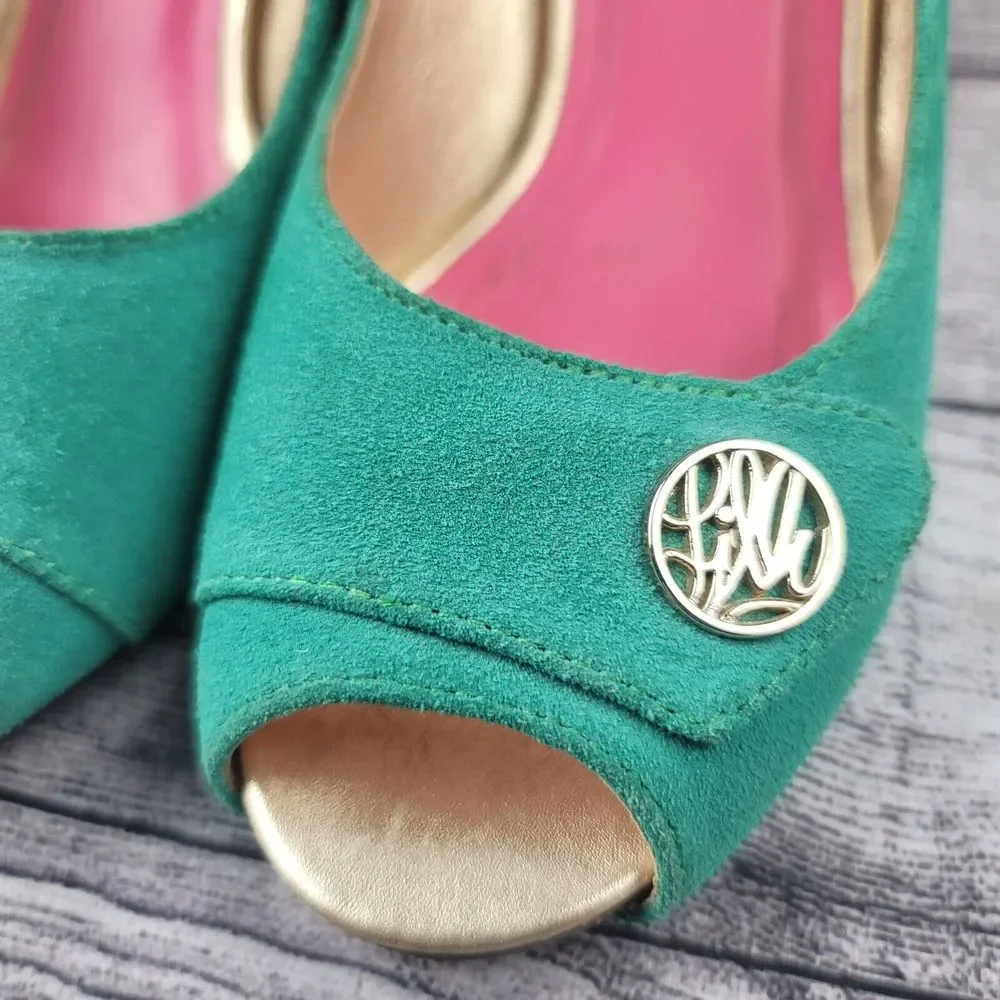 Lilly Pulitzer Resort Chic Jewel Green Suede Wedge Peep-toe Shoes Women's 6.5